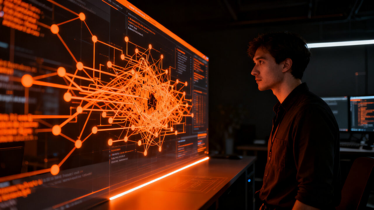 Ingeniero analizando arquitectura de software frente a nodos de IA, representando la estrategia de desarrollo frente a la automatización.