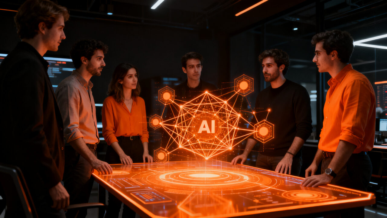 Empresarios de Ciudad Real colaborando en un Demo Day de Inteligencia Artificial aplicado a la innovación empresarial.