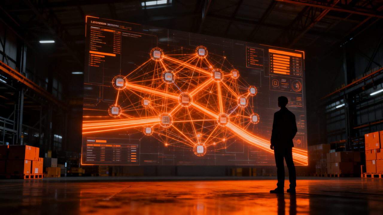 Representación visual de resiliencia logística con IA, mostrando una cadena de suministro digitalizada y optimizada para Falabella y Flowcraft.