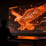 Desarrollador interactuando con una red neuronal de IA que proyecta el modelo Falcon-Emirati-7B, representando el avance en LLMs para dialectos árabes.