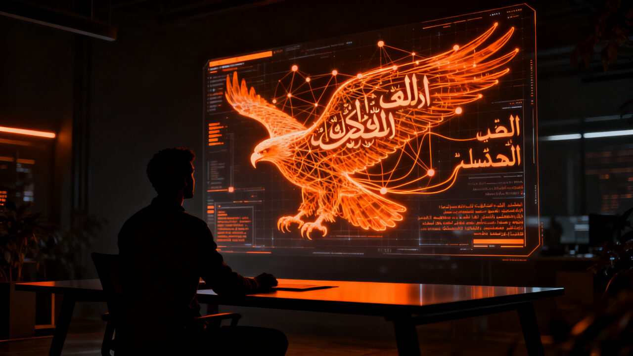 Desarrollador interactuando con una red neuronal de IA que proyecta el modelo Falcon-Emirati-7B, representando el avance en LLMs para dialectos árabes.