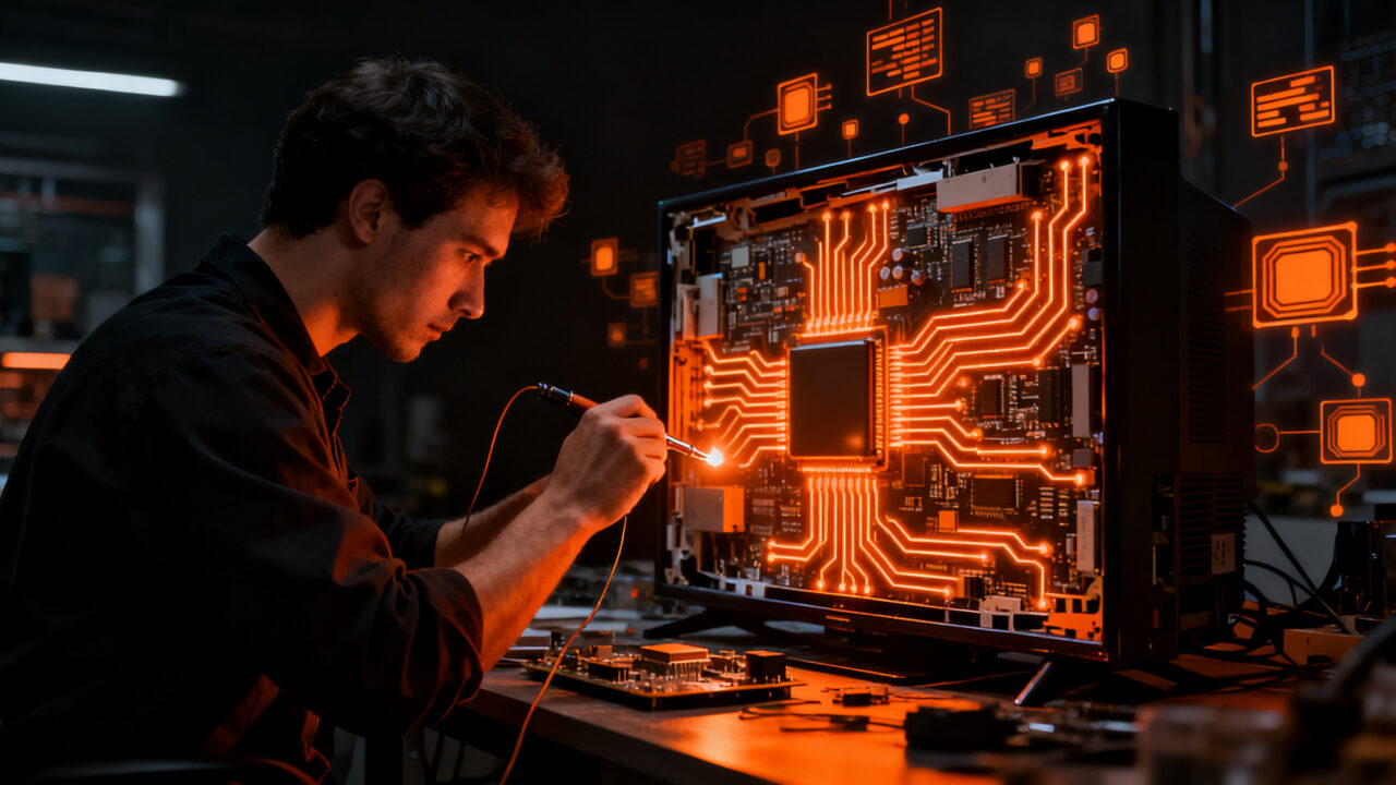 Ingeniero reparando hardware complejo, representando la importancia del diseño de software y el derecho a reparar en startups.