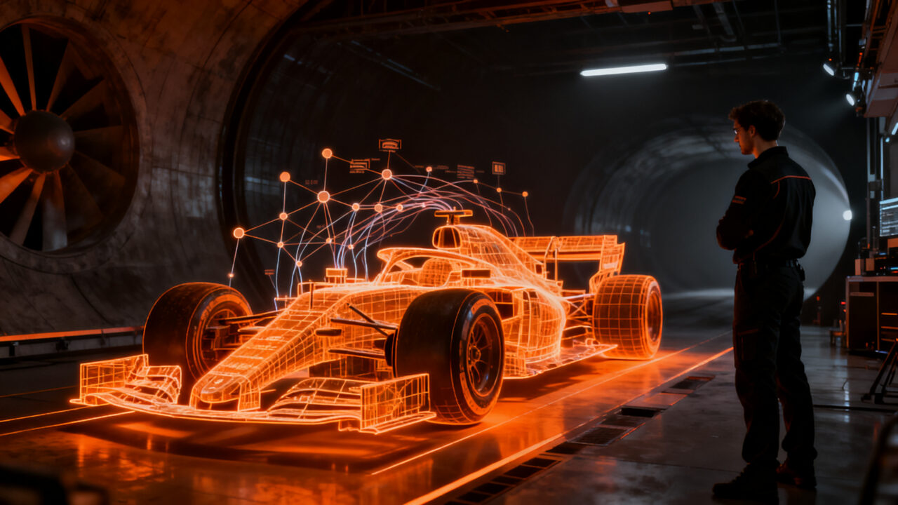 Ingeniero analizando simulaciones aerodinámicas de Fórmula 1 con inteligencia artificial y AWS, representando la innovación técnica.