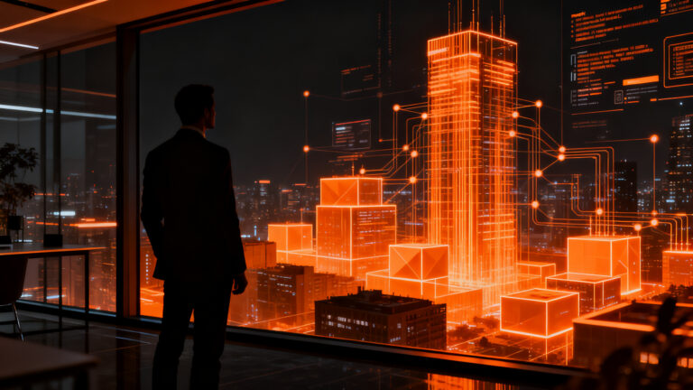Inversor de capital riesgo analizando datos de IA en el sector inmobiliario y proptech, representando la nueva era de inversiones estratégicas.