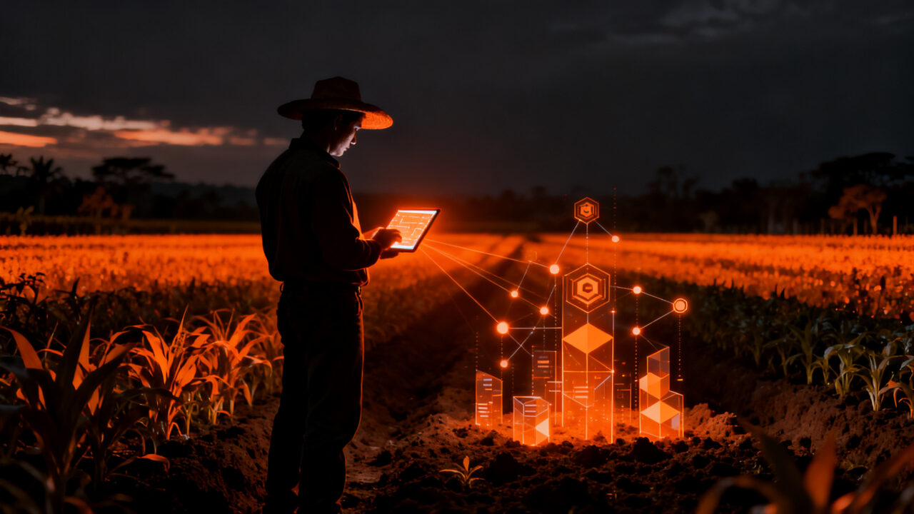 Crédito agropecuario digital impulsado por fintech en Colombia, representando inclusión financiera rural y tecnología blockchain.