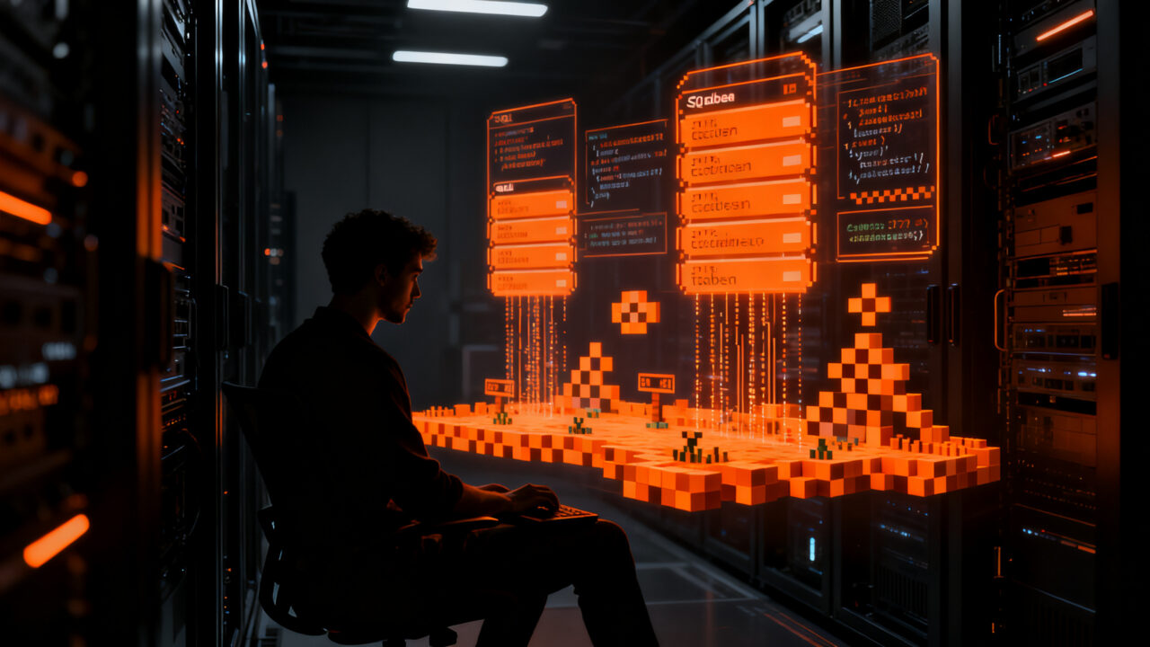 Ejecución del videojuego DOOM dentro de una base de datos SQL mediante WebAssembly, representando innovación técnica.