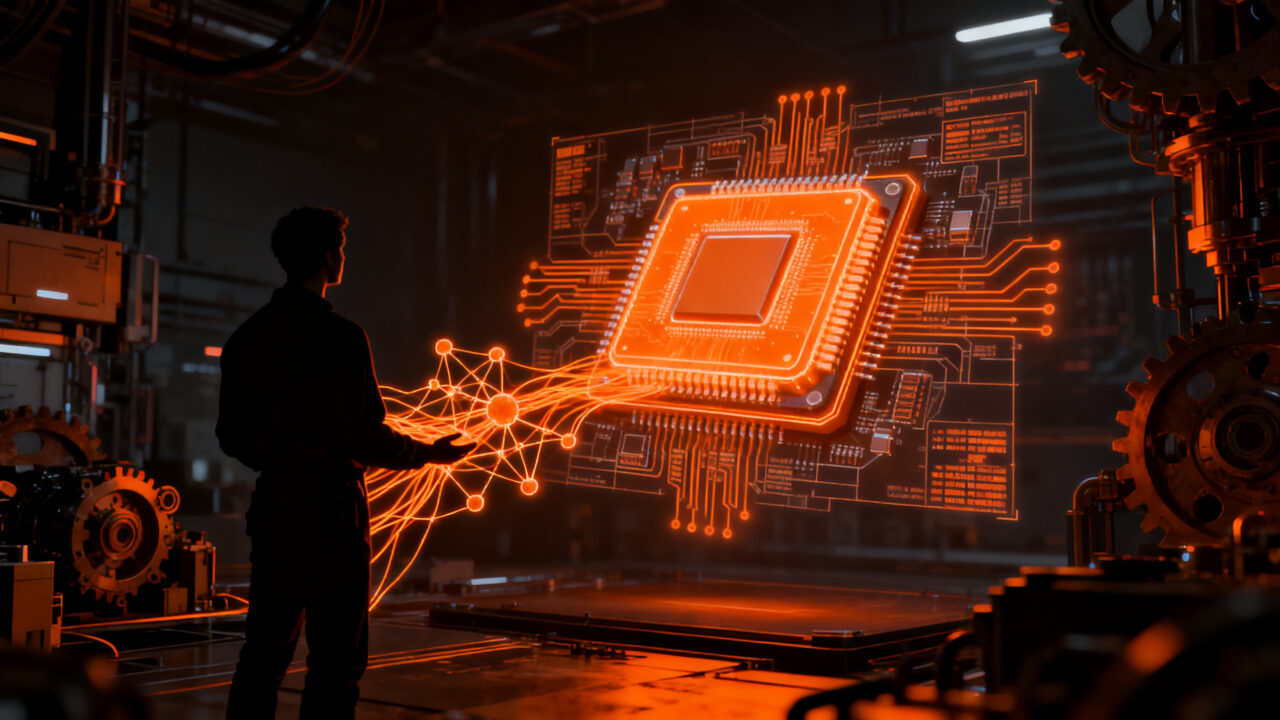 Escena de ingeniería avanzada con IA para hardware, representando la inversión de 50 millones de dólares en Flow Engineering.
