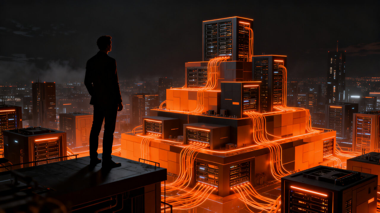 Silueta de un emprendedor ante una infraestructura cognitiva global, representando la soberanía tecnológica y la regulación de la IA.