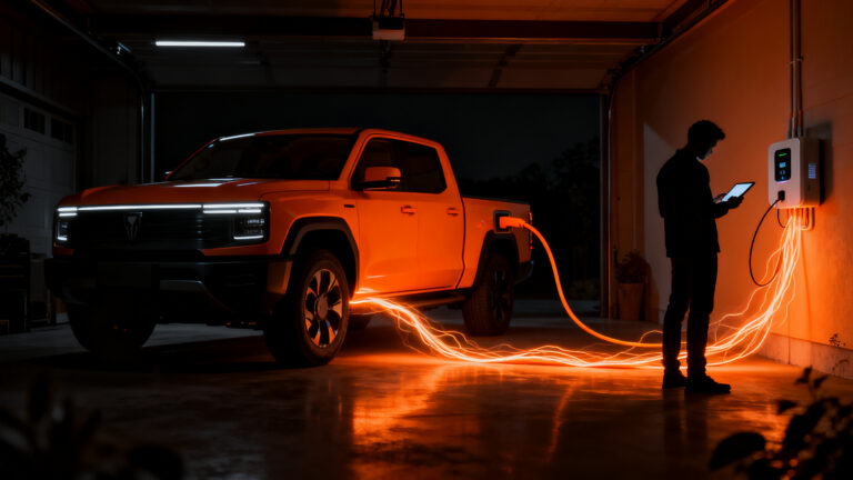 Pickup eléctrica Ford Fathom alimentando una casa con tecnología de carga bidireccional vehicle-to-home.