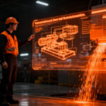 Agente de IA automatizando presupuestos industriales en una fábrica moderna, representando la inversión en Forgepoint y la eficiencia en manufactura.