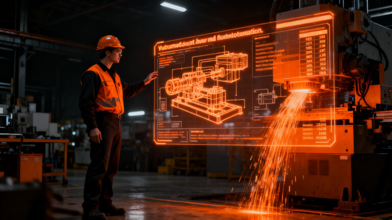 Agente de IA automatizando presupuestos industriales en una fábrica moderna, representando la inversión en Forgepoint y la eficiencia en manufactura.