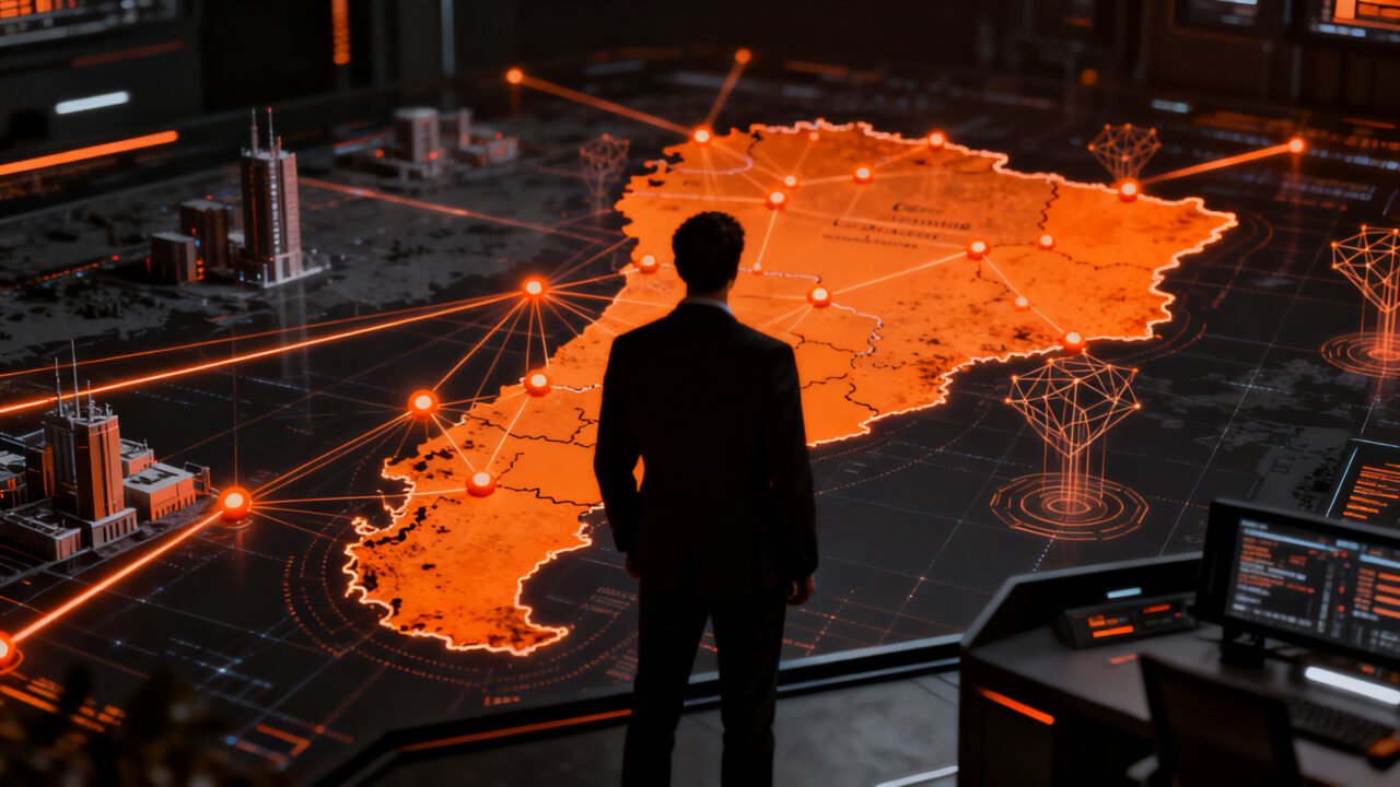 Infraestructura de ciberseguridad y redes digitales en expansión por Chile, representando la protección de datos e inteligencia artificial.