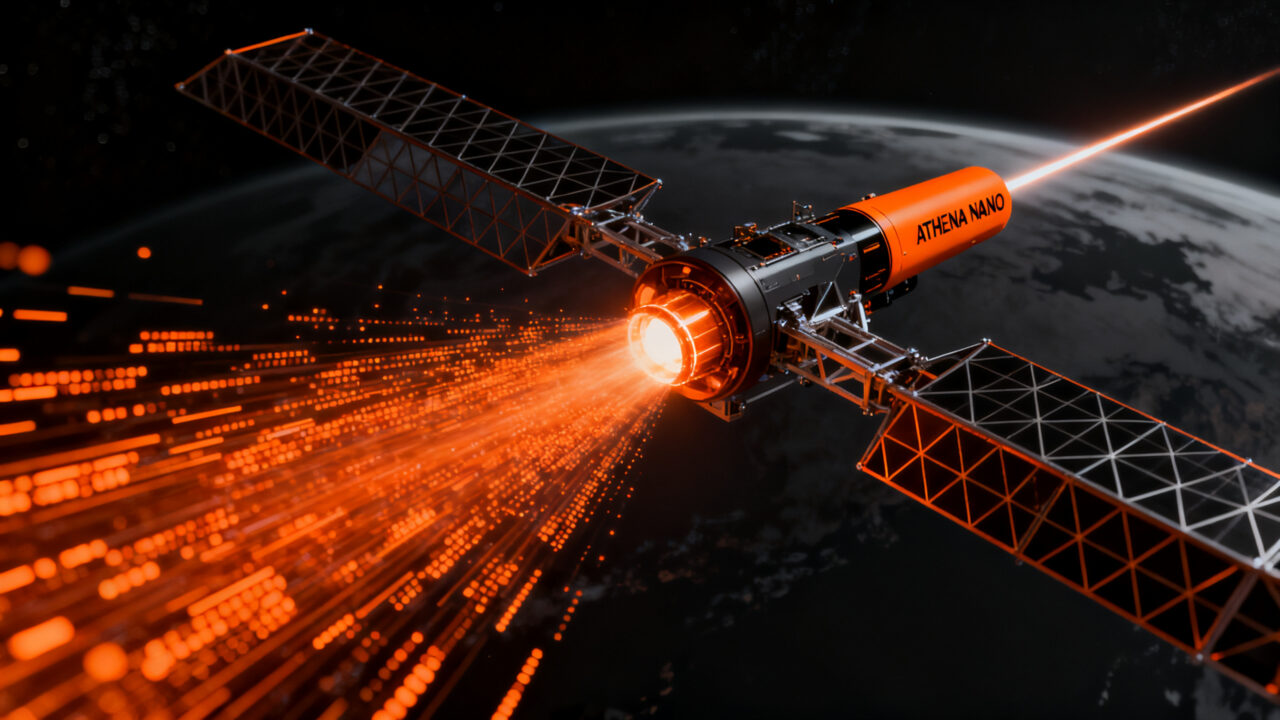 Satélite FOSSA con motor de propulsión eléctrica ATHENA NANO en el espacio, representando el avance del New Space español.