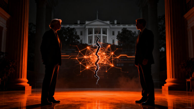 Dos figuras de líderes tecnológicos enfrentándose en una representación abstracta y dramática de la regulación de la IA en la Casa Blanca.