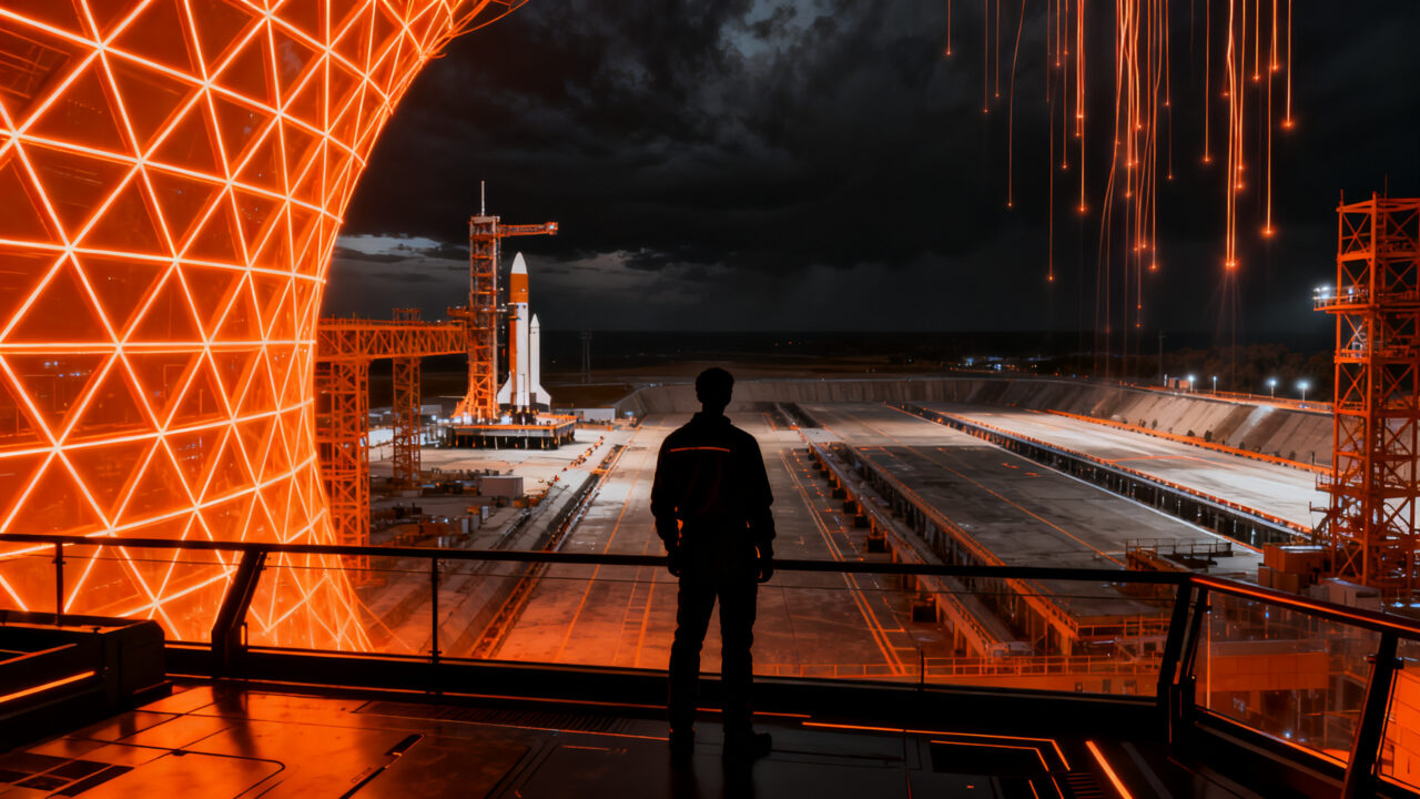Silueta de ingeniero observando un puerto espacial futurista bajo un cielo naranja, representando la expansión de la infraestructura aeroespacial y startups deeptech.
