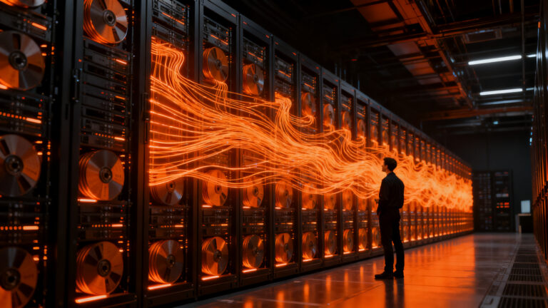 Infraestructura de almacenamiento de datos masivos para IA, representando la inversión de Fujifilm en cinta magnética LTO.