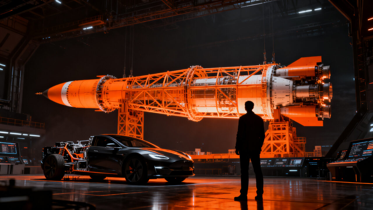 Fusión estratégica entre Tesla y SpaceX, representando la consolidación de gigantes tecnológicos y la gobernanza corporativa en el ecosistema startup.
