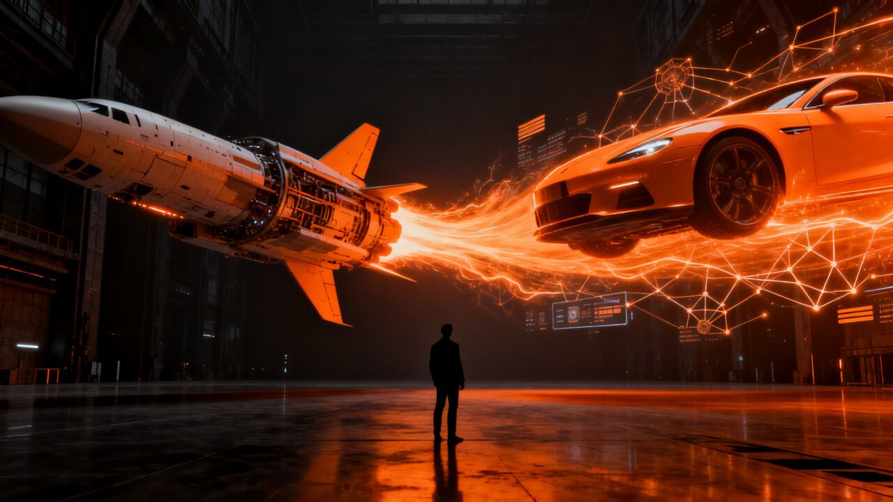 Elon Musk negociando la fusión estratégica entre Tesla y SpaceX, representando el futuro de la tecnología e inteligencia artificial.