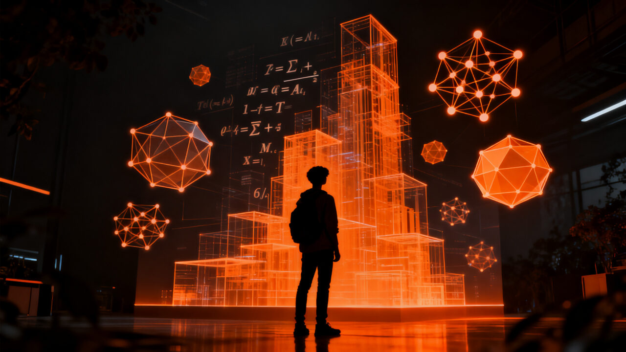 Estudiante de matemáticas frente a una red neuronal compleja, representando el futuro de la investigación académica en la era de los LLM y la IA.