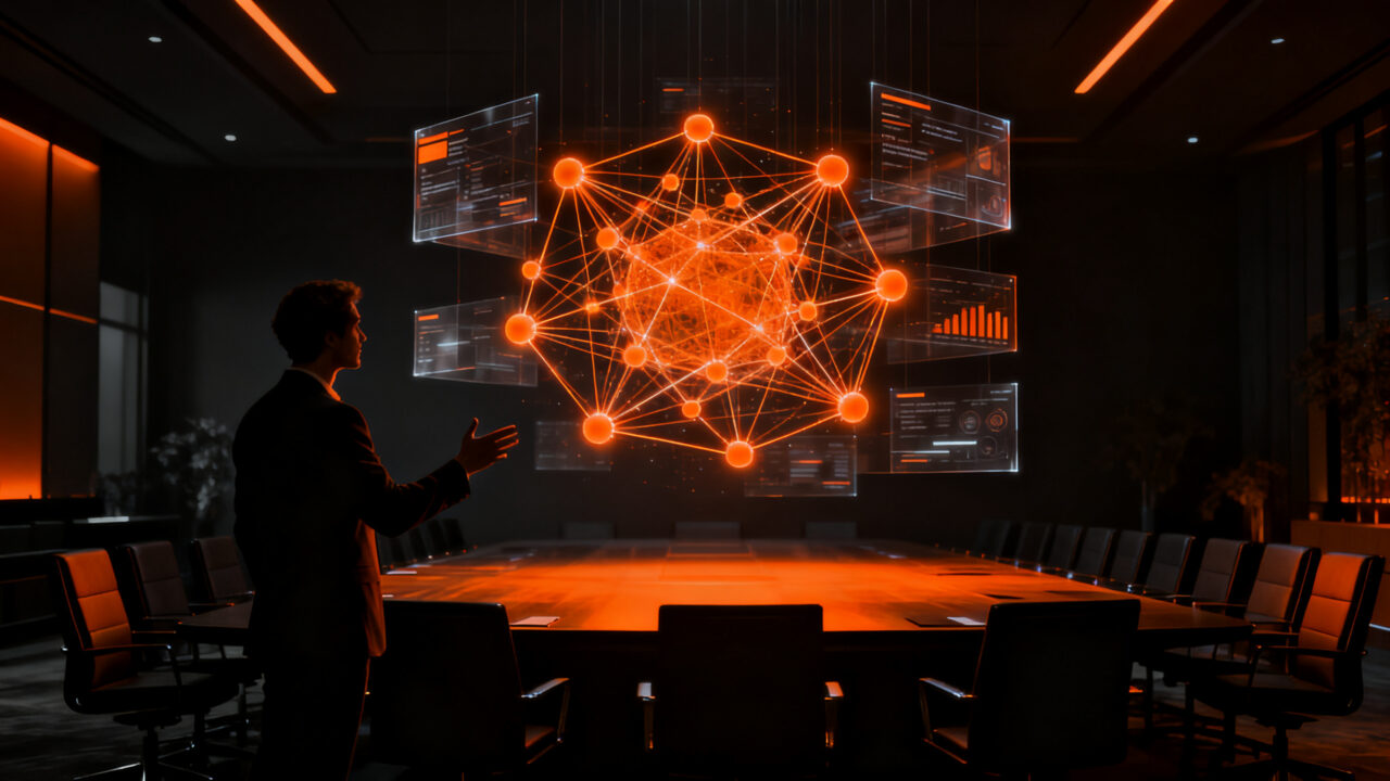 Líderes empresariales debatiendo el futuro de la inteligencia artificial y la ética en los negocios, simbolizando confianza y transparencia tecnológica.