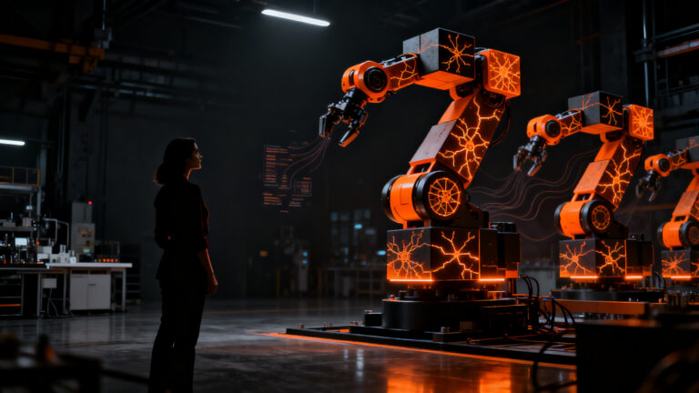 Estratega tecnológica analizando el futuro de la robótica y la Physical AI en un entorno de innovación avanzada.