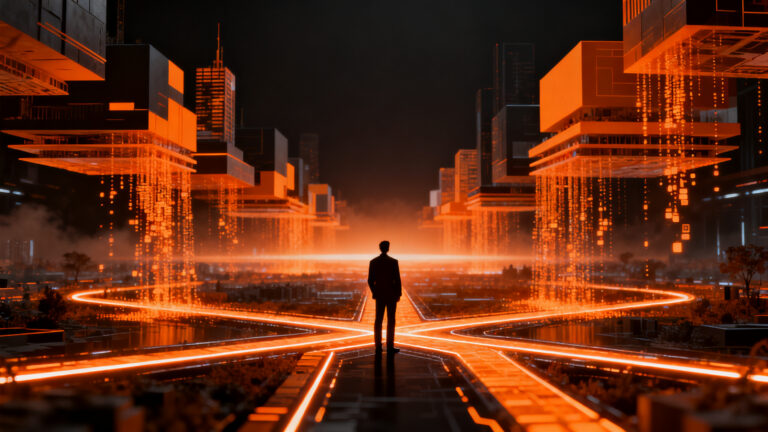 Representación visual del futuro del trabajo y la transición laboral impulsada por IA, destacando la evolución profesional hacia 2035.
