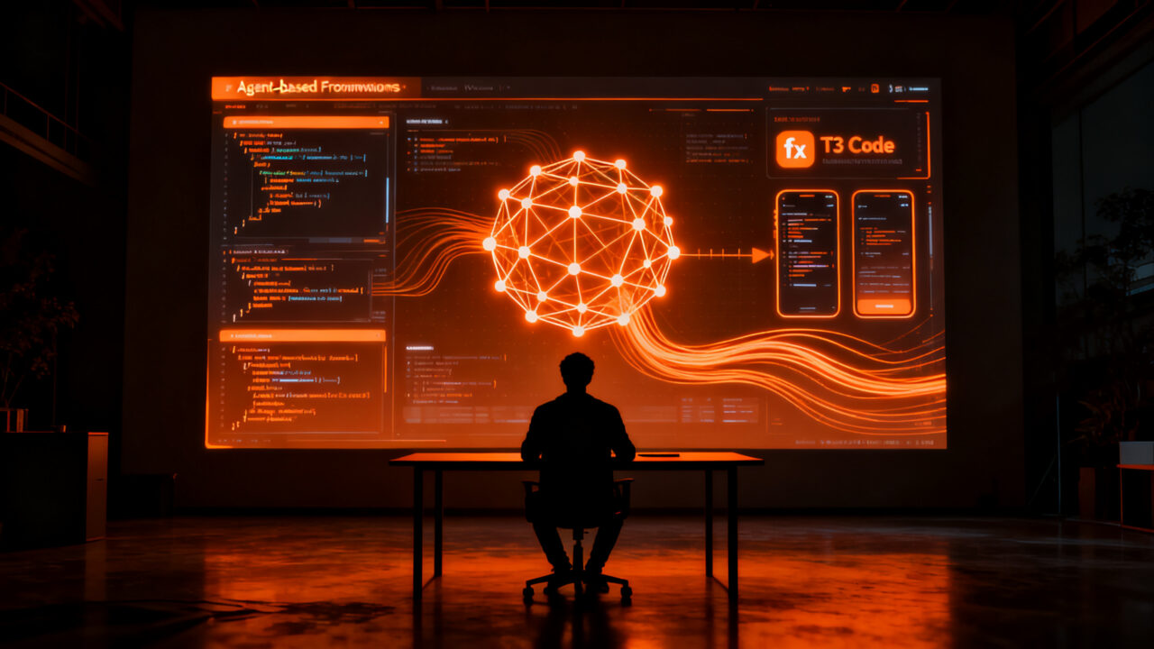 Desarrollador trabajando con agentes de IA fx de Vercel integrados en T3 Code para optimizar el desarrollo de software.