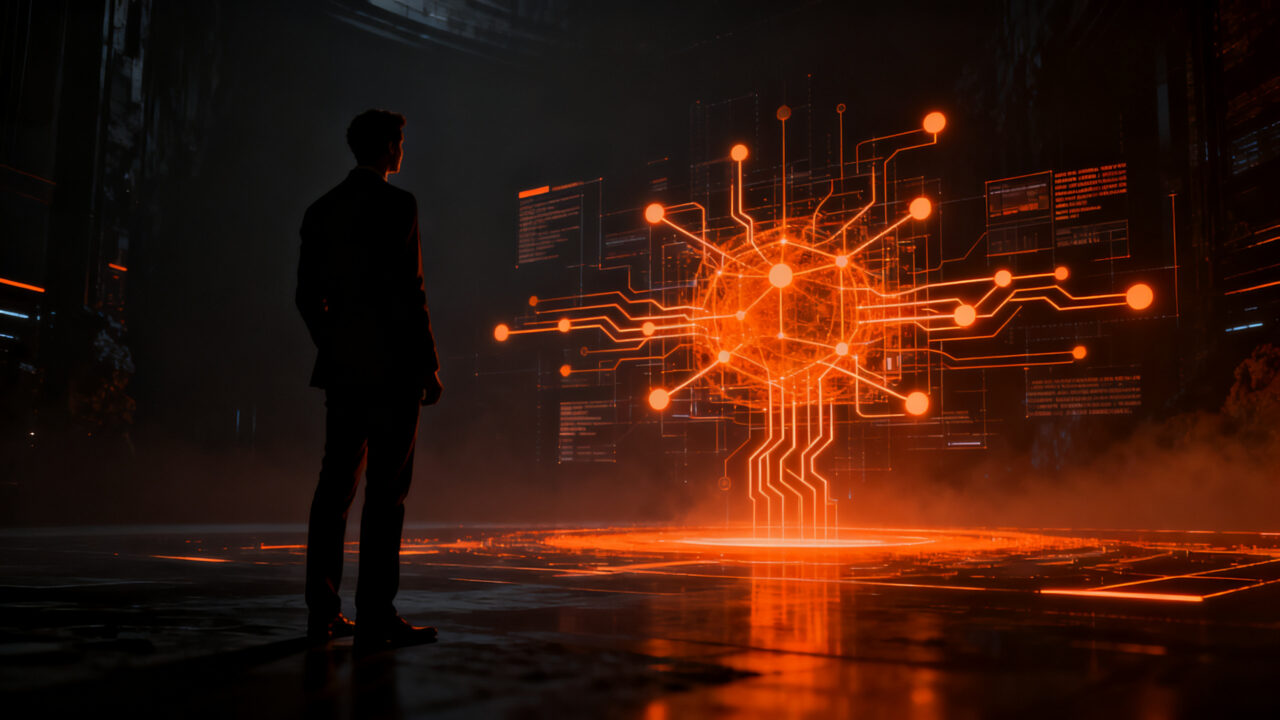Ejecutivo analizando datos complejos mediante inteligencia artificial para una toma de decisiones estratégica en una startup.