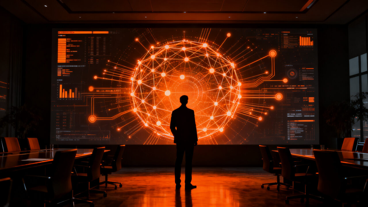Un CEO observa una red compleja de automatización e inteligencia artificial en una oficina futurista, simbolizando la transformación digital en las empresas.