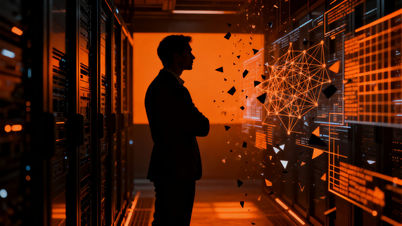Empresario observando un panel de control de IA fallido que se desvanece, simbolizando los riesgos y la falta de gobernanza en agentes de IA según Gartner.