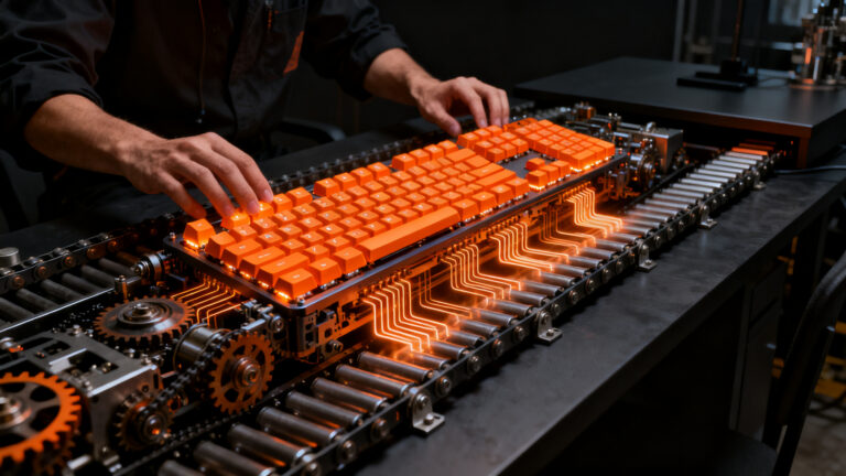 Teclado experimental de Google con 116 teclas en cintas transportadoras, representando innovación en hardware open source.