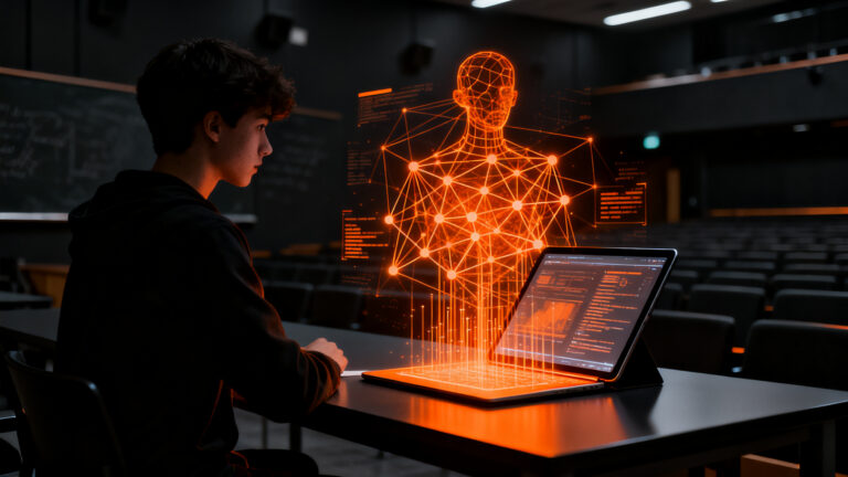 Estudiante analizando datos complejos en un entorno educativo innovador, representando la integración de la IA generativa y el pensamiento crítico en el aula.
