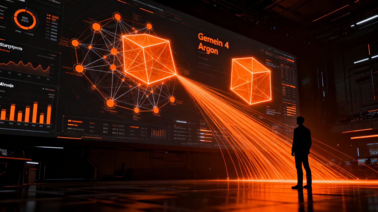 Un desarrollador analizando datos de IA de Gemini 4 frente a una interfaz futurista, representando la competitividad en el sector tecnológico.
