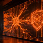 Silueta de analista de ciberseguridad frente a una red compleja de datos de IA, representando el avance de Gemini 4 Carbon en protección de vulnerabilidades.