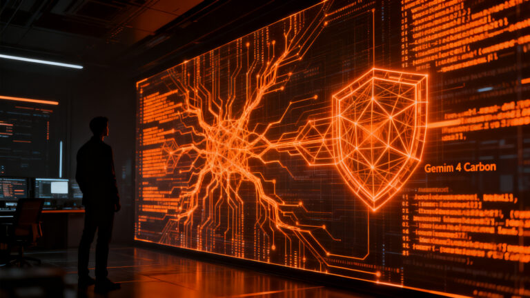 Silueta de analista de ciberseguridad frente a una red compleja de datos de IA, representando el avance de Gemini 4 Carbon en protección de vulnerabilidades.