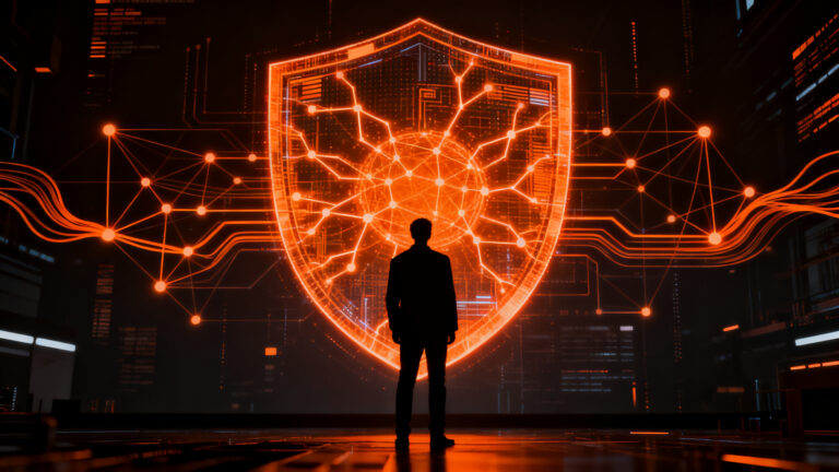 Representación visual de Gemini 4 Carbon, el modelo de IA de Google DeepMind para ciberseguridad, mostrando una red de defensa digital en tonos naranja y negro.
