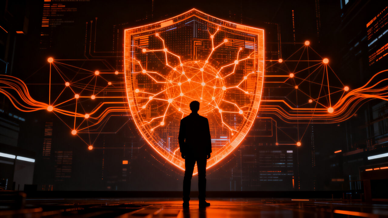 Representación visual de Gemini 4 Carbon, el modelo de IA de Google DeepMind para ciberseguridad, mostrando una red de defensa digital en tonos naranja y negro.