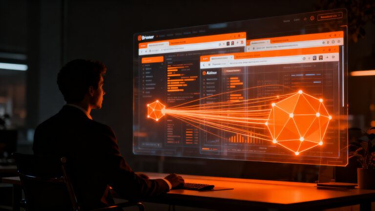 Asistente de IA analizando datos de pestañas del navegador, representando privacidad y configuración de Gemini y Copilot.