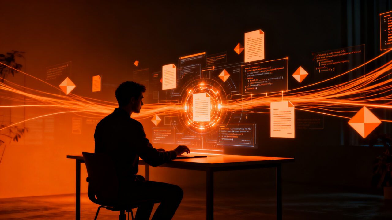 Un profesional trabajando en una interfaz de IA que integra documentos y código, optimizando la productividad en startups.