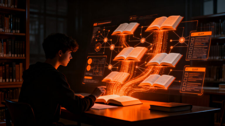 Estudiante interactuando con una interfaz de IA que procesa libros de texto digitales para el aprendizaje automatizado.