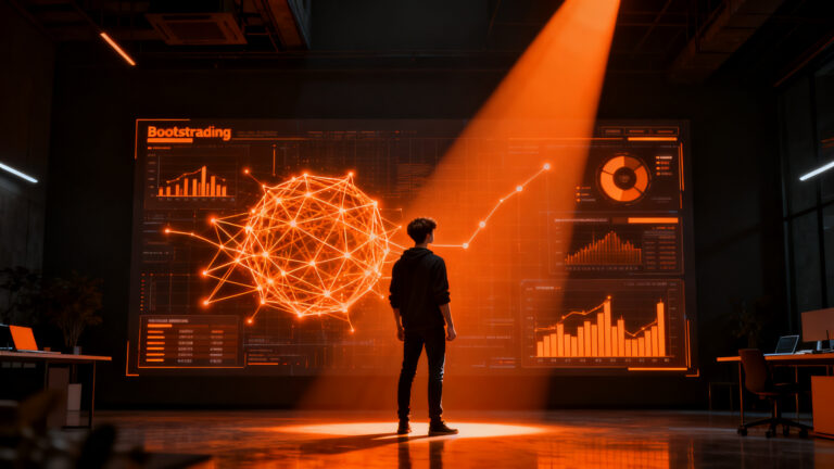 Emprendedor joven analizando datos de startups e inteligencia artificial, representando la tendencia de bootstrapping en España 2026.