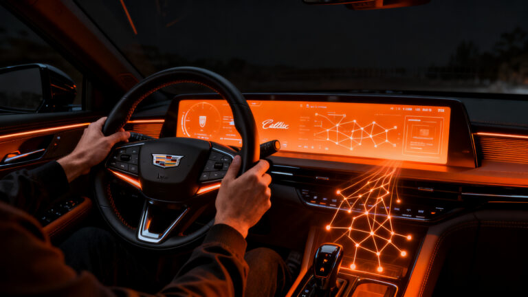 Asistente de inteligencia artificial integrado en el sistema OnStar de un Cadillac Lyriq, representando el futuro de la conducción conectada y suscripciones automotrices.