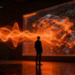 Desarrollador interactuando con una simulación de mundo generada por el modelo Genie 4 de DeepMind, representando el futuro de los agentes inteligentes y la IA multimodal.