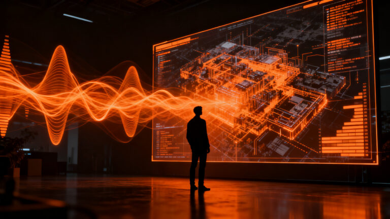 Desarrollador interactuando con una simulación de mundo generada por el modelo Genie 4 de DeepMind, representando el futuro de los agentes inteligentes y la IA multimodal.