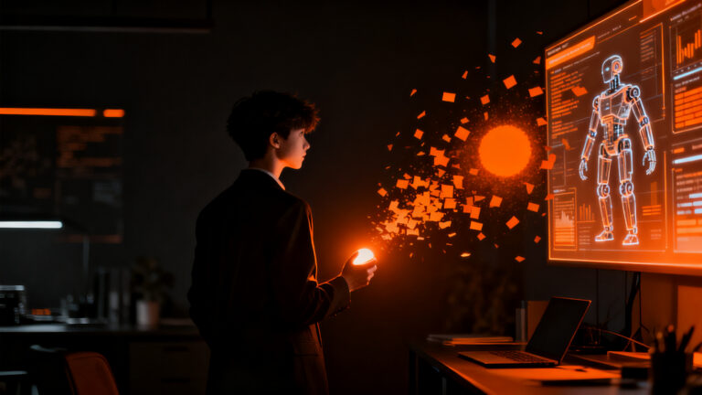 Joven de la Generación Z rechazando marketing automatizado, concepto de autenticidad de marca frente a la inteligencia artificial en startups.