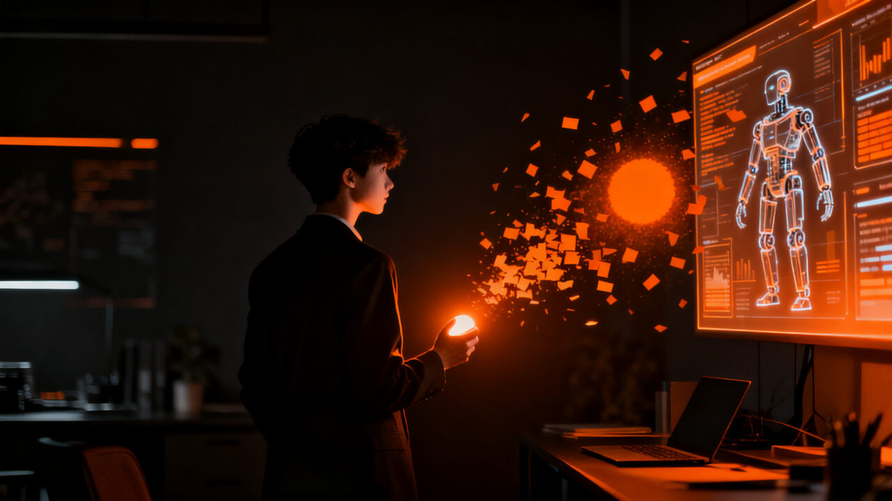 Joven de la Generación Z rechazando marketing automatizado, concepto de autenticidad de marca frente a la inteligencia artificial en startups.
