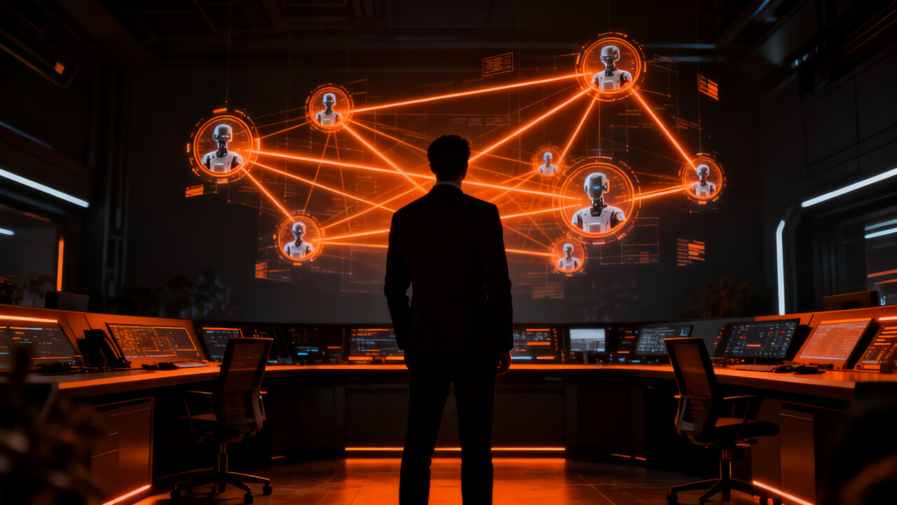 Gerente de agentes de IA supervisando una red de automatización inteligente y gobernanza de datos.