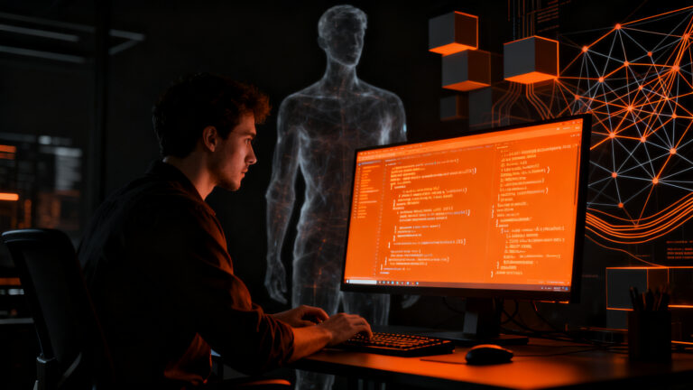 Programador revisando código asistido por IA en un entorno de gobernanza open source, representando la nueva política de GHC.