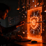 Ingeniero de ciberseguridad analizando y reparando una brecha digital crítica en un servidor de software, simbolizando la protección de datos en instancias GitLab.