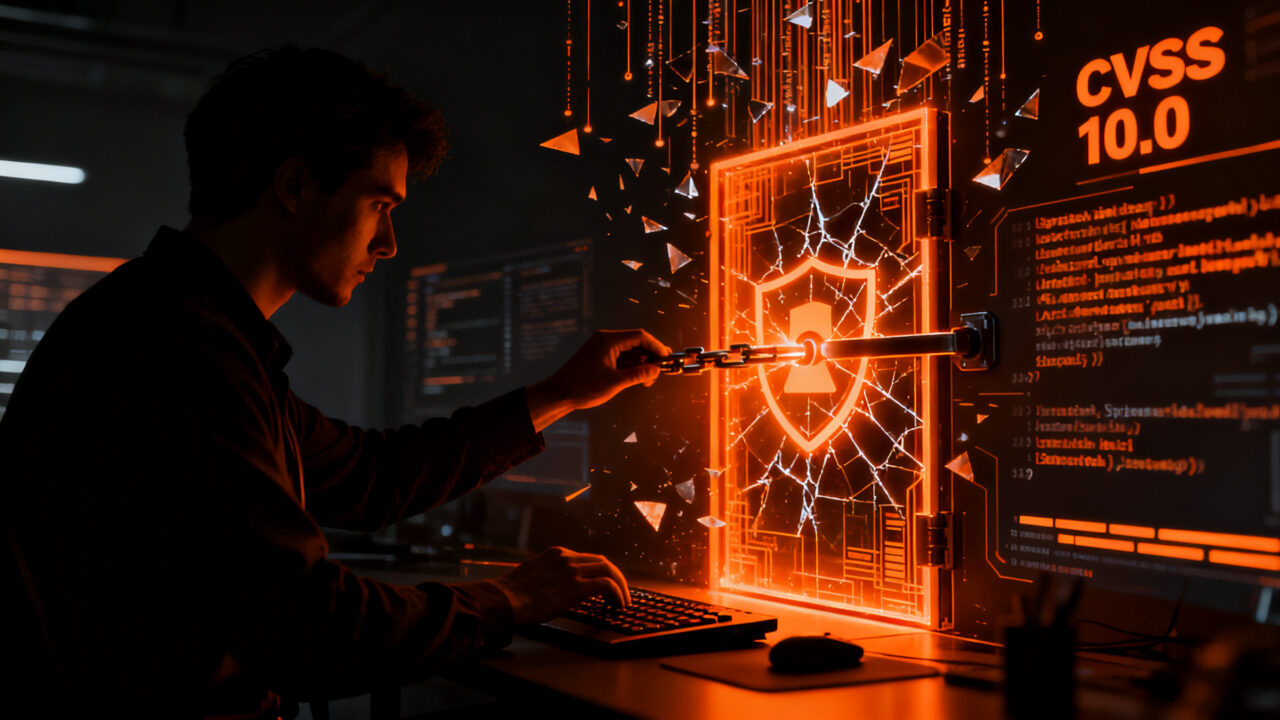 Ingeniero de ciberseguridad analizando y reparando una brecha digital crítica en un servidor de software, simbolizando la protección de datos en instancias GitLab.
